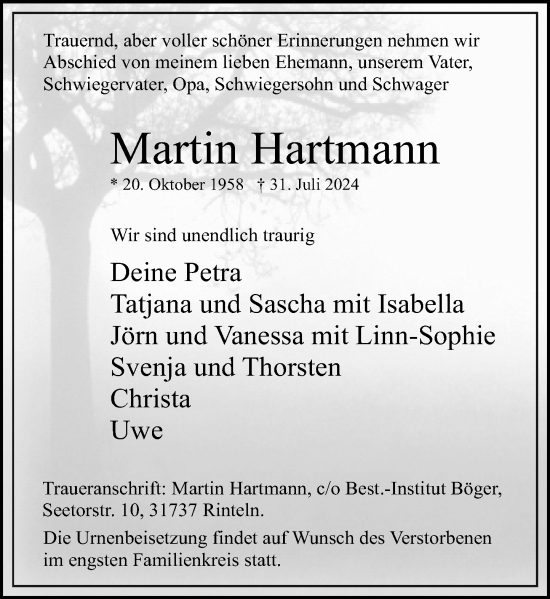 Traueranzeige von Martin Hartmann von Schaumburger Nachrichten und Schaumburger Zeitung/ Landes-Zeitung