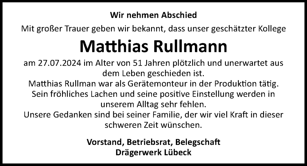  Traueranzeige für Matthias Rullmann vom 04.08.2024 aus Lübecker Nachrichten