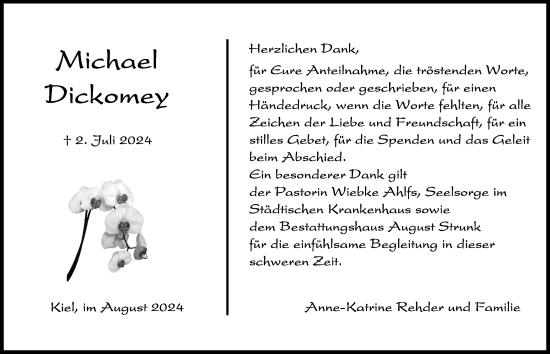 Traueranzeige von Michael Dickomey von Kieler Nachrichten