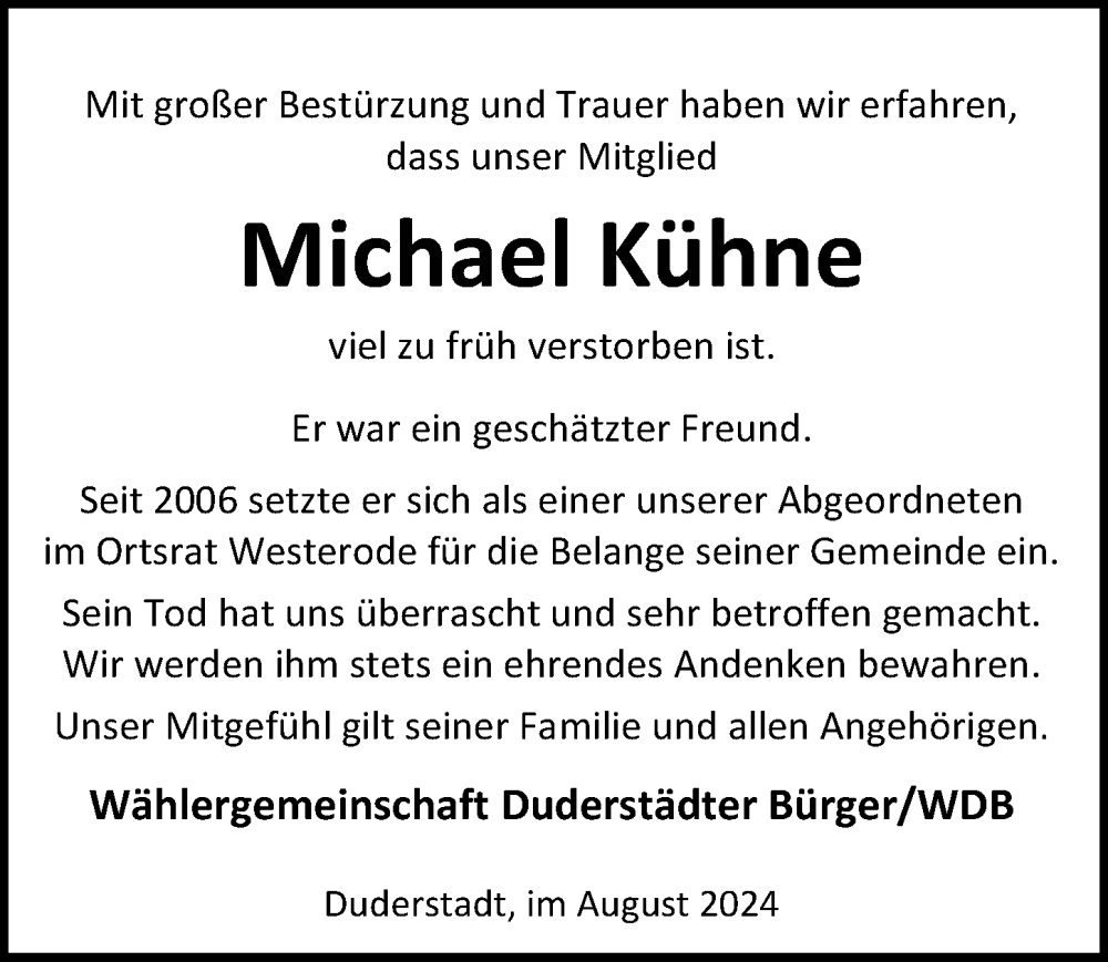  Traueranzeige für Michael Kühne vom 09.08.2024 aus Eichsfelder Tageblatt