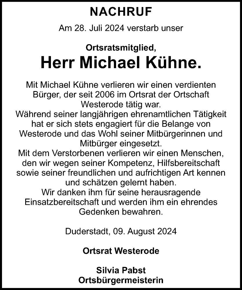  Traueranzeige für Michael Kühne vom 09.08.2024 aus Eichsfelder Tageblatt