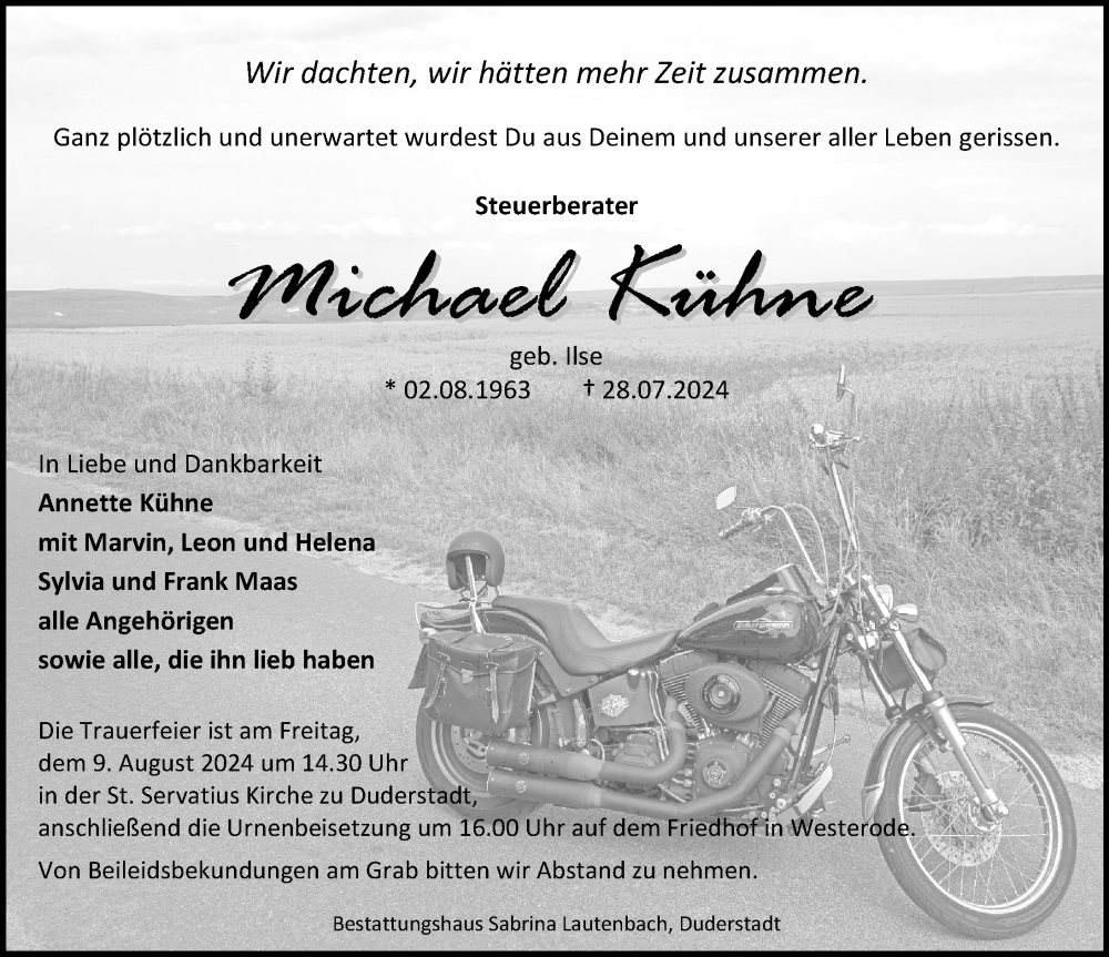  Traueranzeige für Michael Kühne vom 03.08.2024 aus Eichsfelder Tageblatt