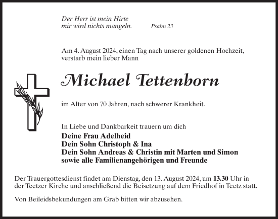 Traueranzeige von Michael Tettenborn von Wochenspiegel