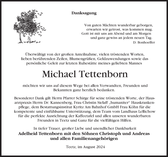 Traueranzeige von Michael Tettenborn von Wochenspiegel