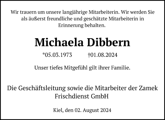 Traueranzeige von Michaela Dibbern von Kieler Nachrichten