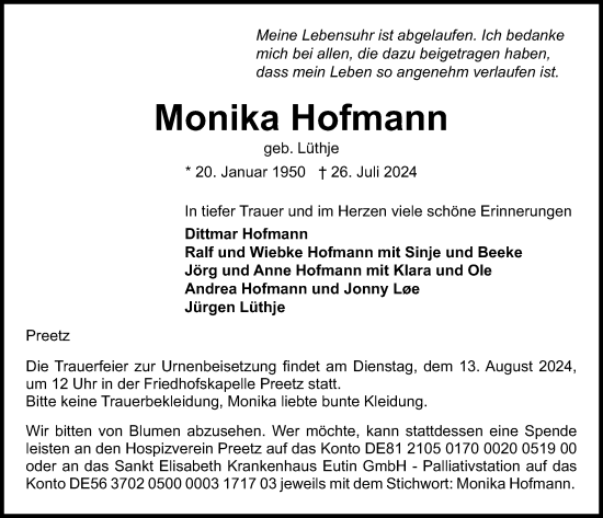 Traueranzeige von Monika Hofmann von Kieler Nachrichten