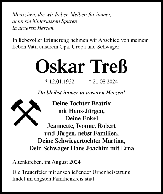 Traueranzeige von Oskar Treß von Ostsee-Zeitung GmbH