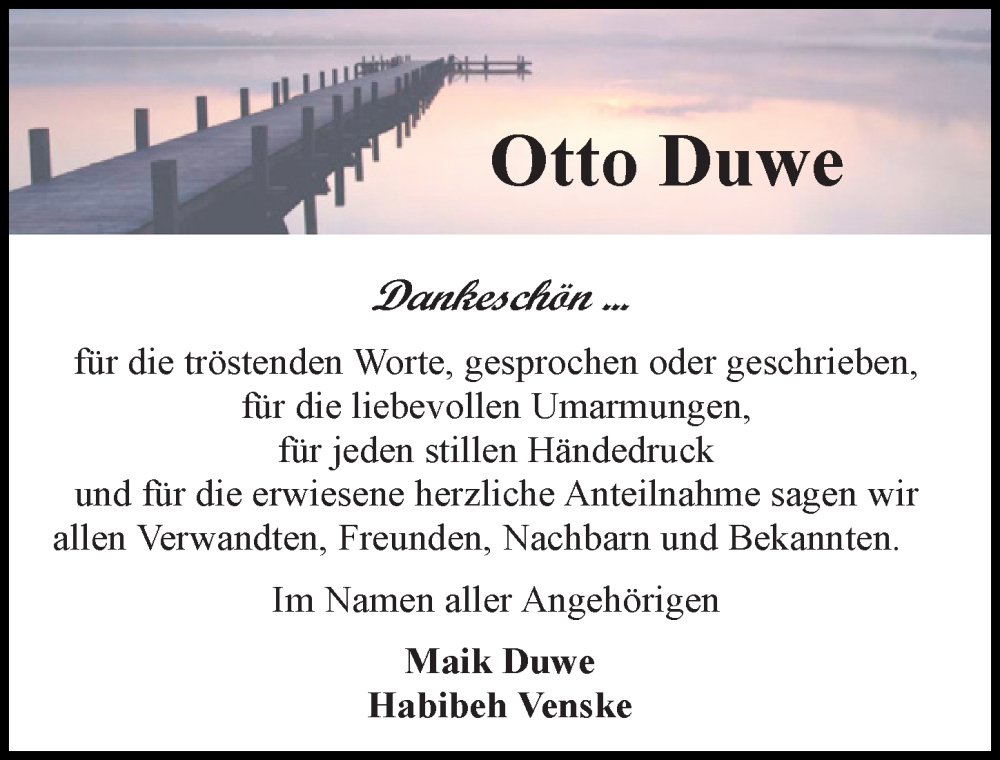  Traueranzeige für Otto Duwe vom 10.08.2024 aus Ostsee-Zeitung GmbH