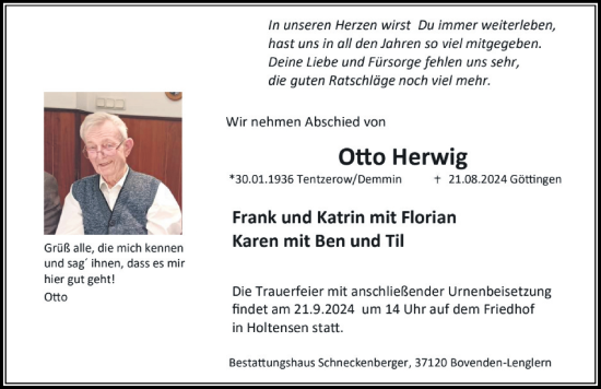 Traueranzeige von Otto Herwig von Göttinger Tageblatt