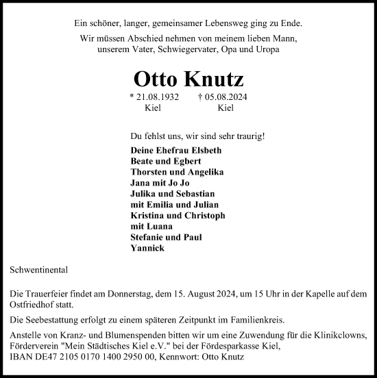 Traueranzeige von Otto Knutz von Kieler Nachrichten