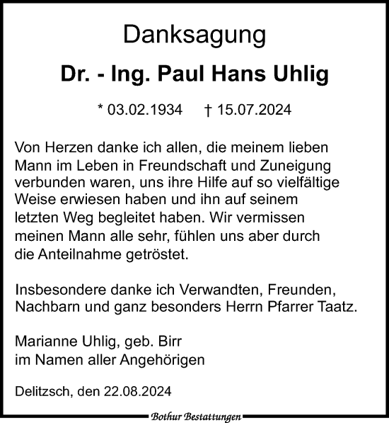 Traueranzeige von Paul Hans Uhlig von Leipziger Volkszeitung