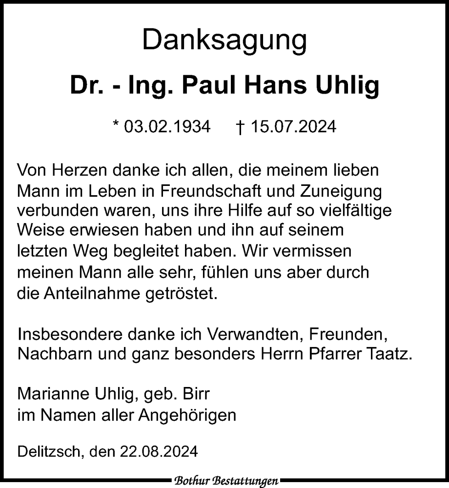  Traueranzeige für Paul Hans Uhlig vom 24.08.2024 aus Leipziger Volkszeitung