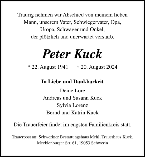 Traueranzeige von Peter Kuck von Ostsee-Zeitung GmbH