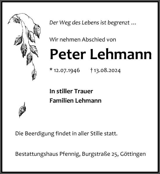 Traueranzeige von Peter Lehmann von Göttinger Tageblatt