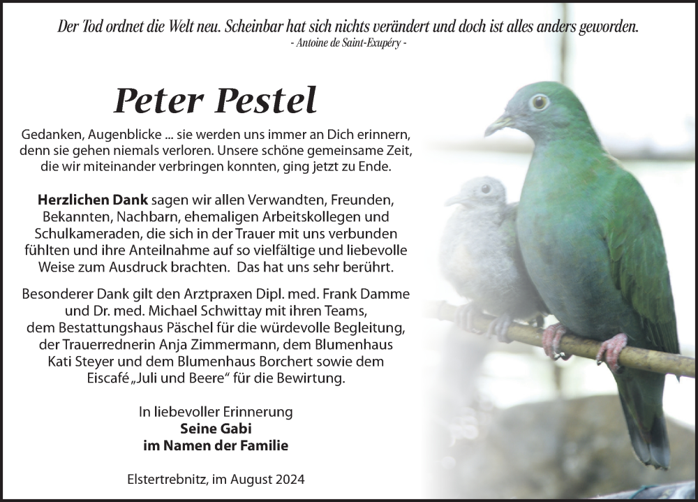  Traueranzeige für Peter Pestel vom 17.08.2024 aus Leipziger Volkszeitung