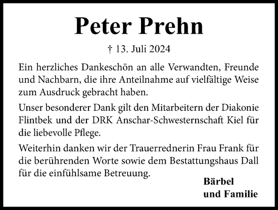 Traueranzeige von Peter Prehn von Kieler Nachrichten