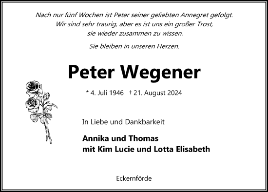 Traueranzeige von Peter Wegener von Kieler Nachrichten