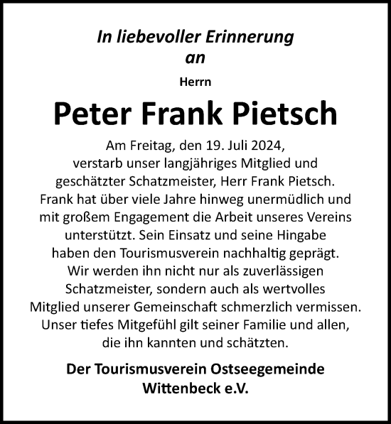 Traueranzeige von Peter Frank Pietsch von Ostsee-Zeitung GmbH