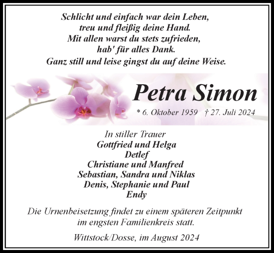 Traueranzeige von Petra Simon von Wochenspiegel