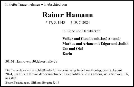 Traueranzeige von Rainer Hamann von Aller Zeitung