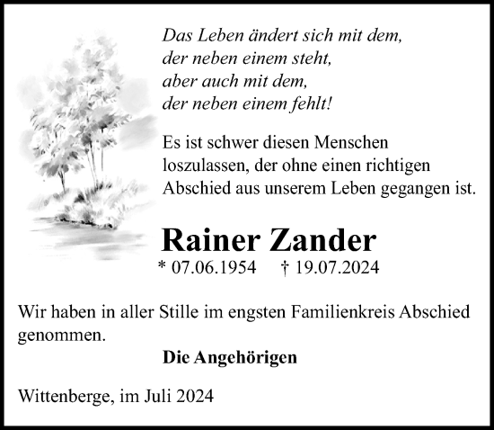 Traueranzeige von Rainer Zander von Wochenspiegel