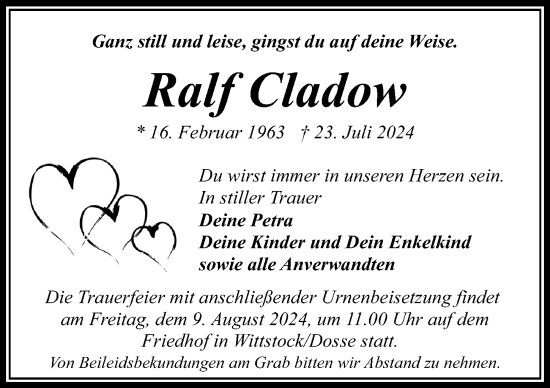 Traueranzeige von Ralf Cladow von Wochenspiegel