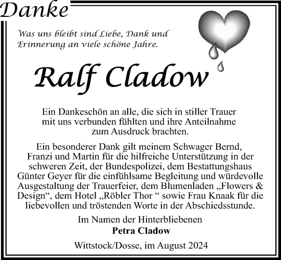 Traueranzeige von Ralf Cladow von Wochenspiegel