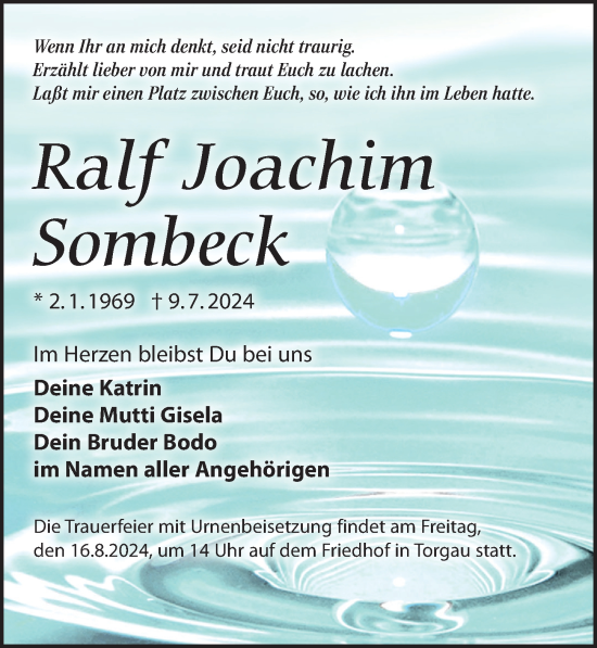 Traueranzeige von Ralf Joachim Sombeck von Torgauer Zeitung