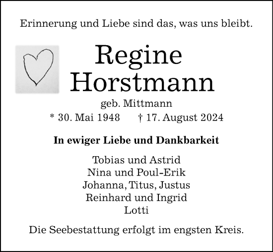 Traueranzeige von Regine Horstmann von Lübecker Nachrichten