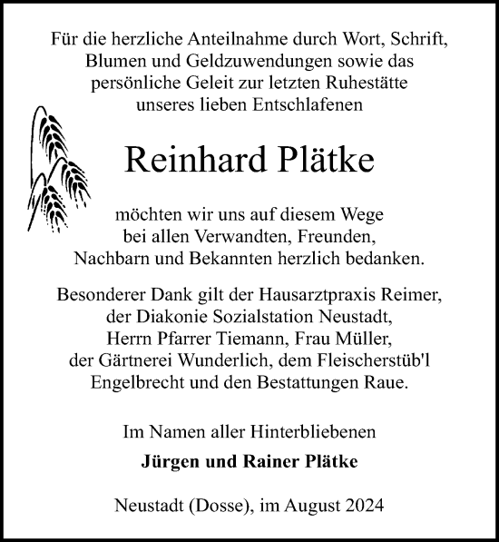 Traueranzeige von Reinhard Plätke