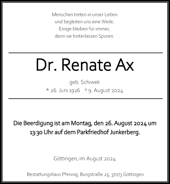 Traueranzeige von Renate Ax von Göttinger Tageblatt