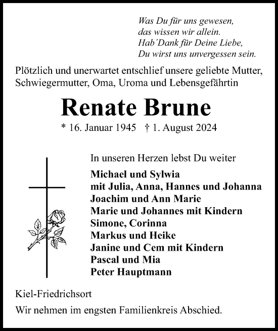 Traueranzeige von Renate Brune von Kieler Nachrichten