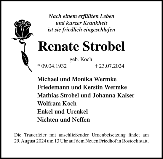 Traueranzeige von Renate Strobel von Ostsee-Zeitung GmbH