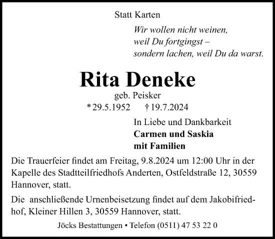 Traueranzeige von Rita Deneke von Hannoversche Allgemeine Zeitung/Neue Presse