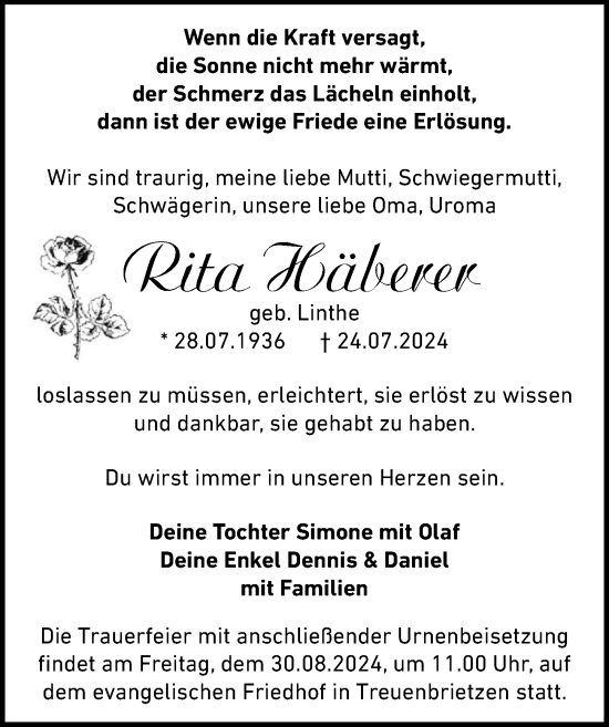 Traueranzeige von Rita Häberer von Märkischen Allgemeine Zeitung