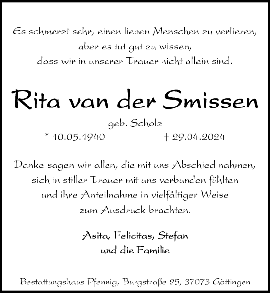 Traueranzeige von Rita van der Smissen von Göttinger Tageblatt