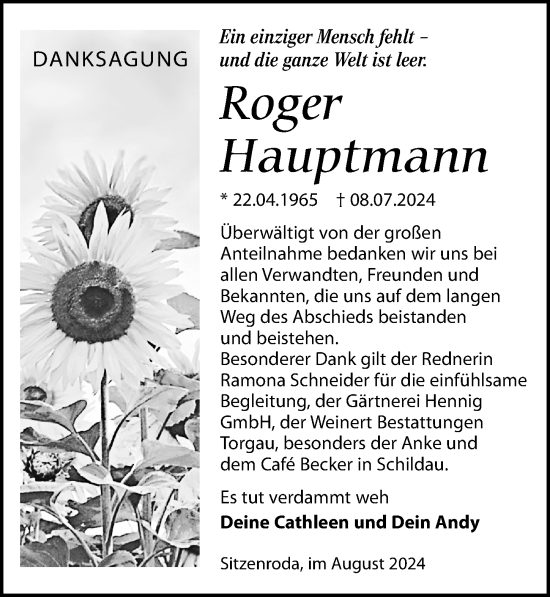 Traueranzeige von Roger Hauptmann von Torgauer Zeitung