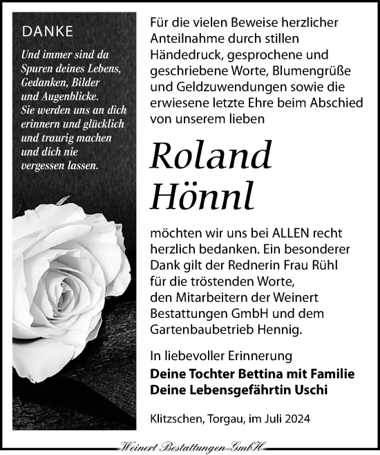 Traueranzeige von Roland Hönnl von Torgauer Zeitung