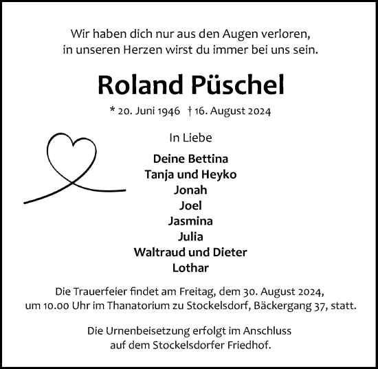 Traueranzeige von Roland Püschel von Lübecker Nachrichten