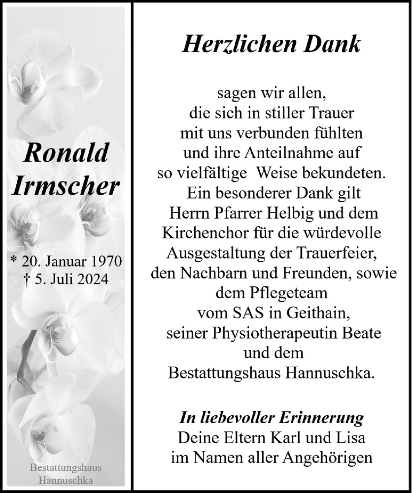  Traueranzeige für Ronald Irmscher vom 31.08.2024 aus Leipziger Volkszeitung