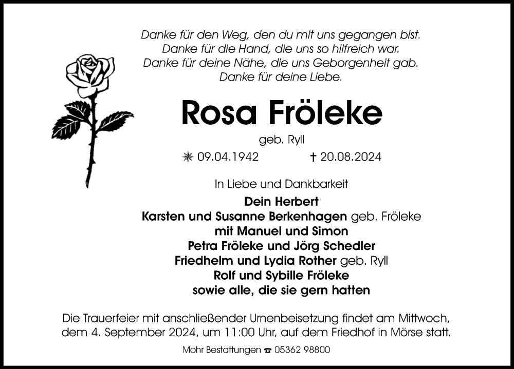  Traueranzeige für Rosa Fröleke vom 24.08.2024 aus Aller Zeitung