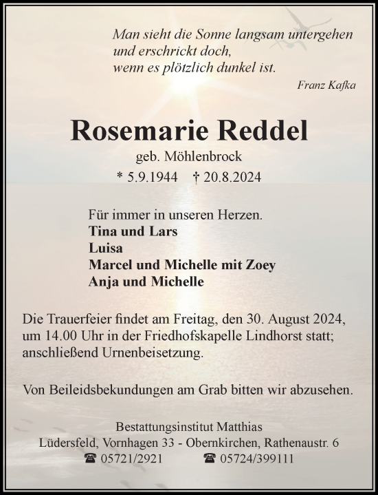 Traueranzeige von Rosemarie Reddel von Schaumburger Nachrichten