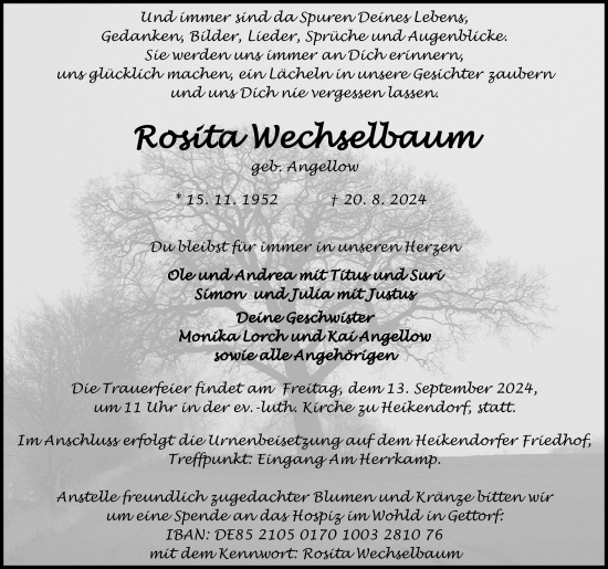 Traueranzeige von Rosita Wechselbaum von Kieler Nachrichten