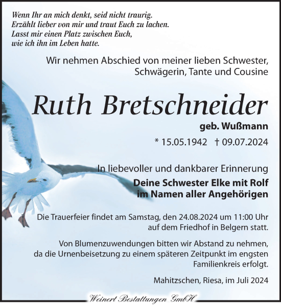 Traueranzeige von Ruth Bretschneider von Torgauer Zeitung