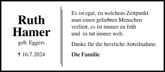 Traueranzeige von Ruth Hamer von Lübecker Nachrichten