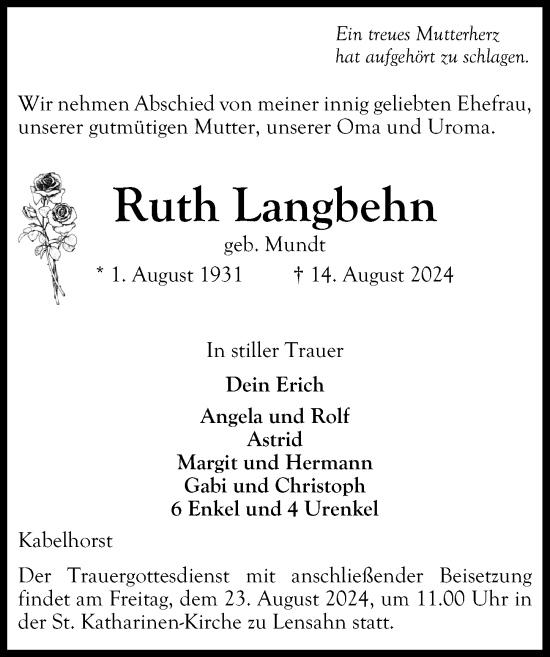 Traueranzeige von Ruth Langbehn von Lübecker Nachrichten