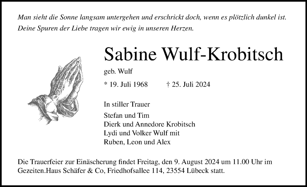  Traueranzeige für Sabine Wulf-Krobitsch vom 04.08.2024 aus Lübecker Nachrichten