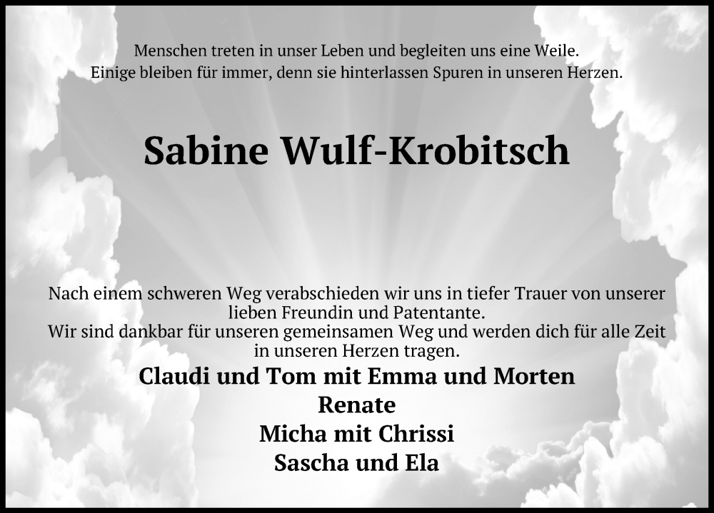  Traueranzeige für Sabine Wulf-Krobitsch vom 04.08.2024 aus Lübecker Nachrichten