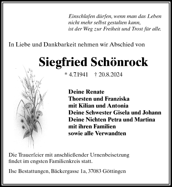 Traueranzeige von Siegfried Schönrock von Göttinger Tageblatt