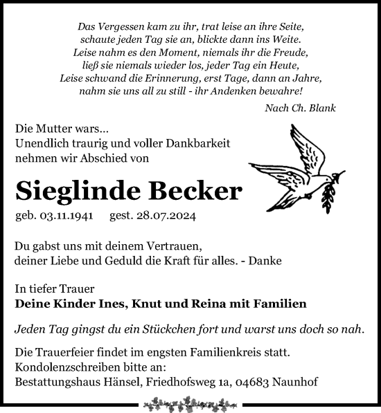 Traueranzeige von Sieglinde Becker von Leipziger Volkszeitung